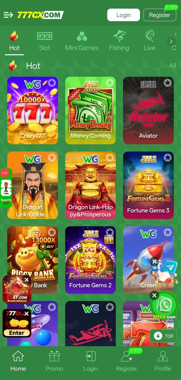 777cX app home screen showing hot slot games, promo tabs and the bottom navigation bar