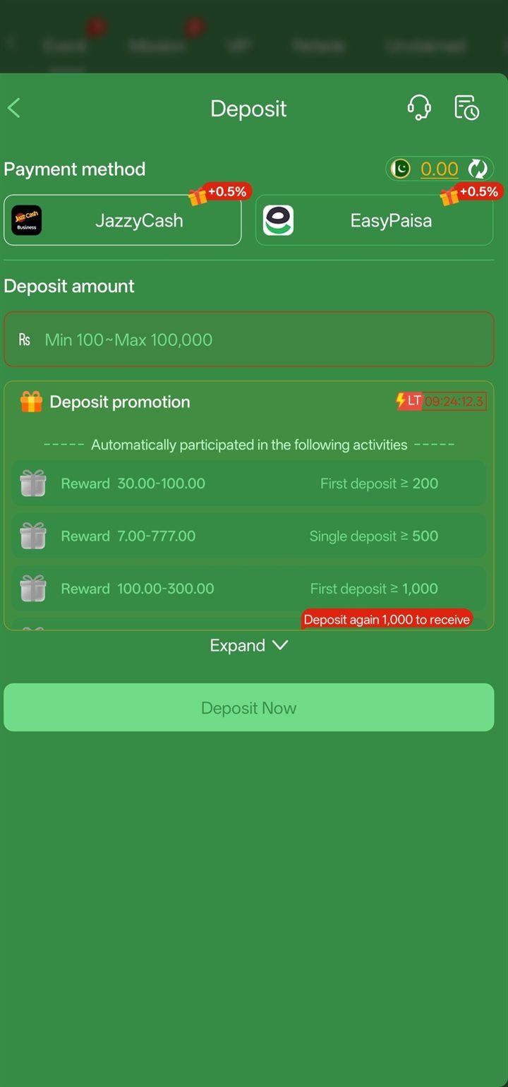 777cX app deposit screen with JazzCash and Easypaisa payment methods
