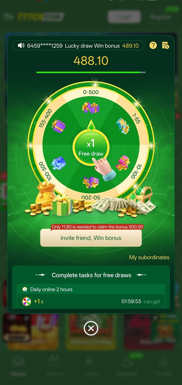 777cX app rewards page with the free lucky draw wheel and bonus progress