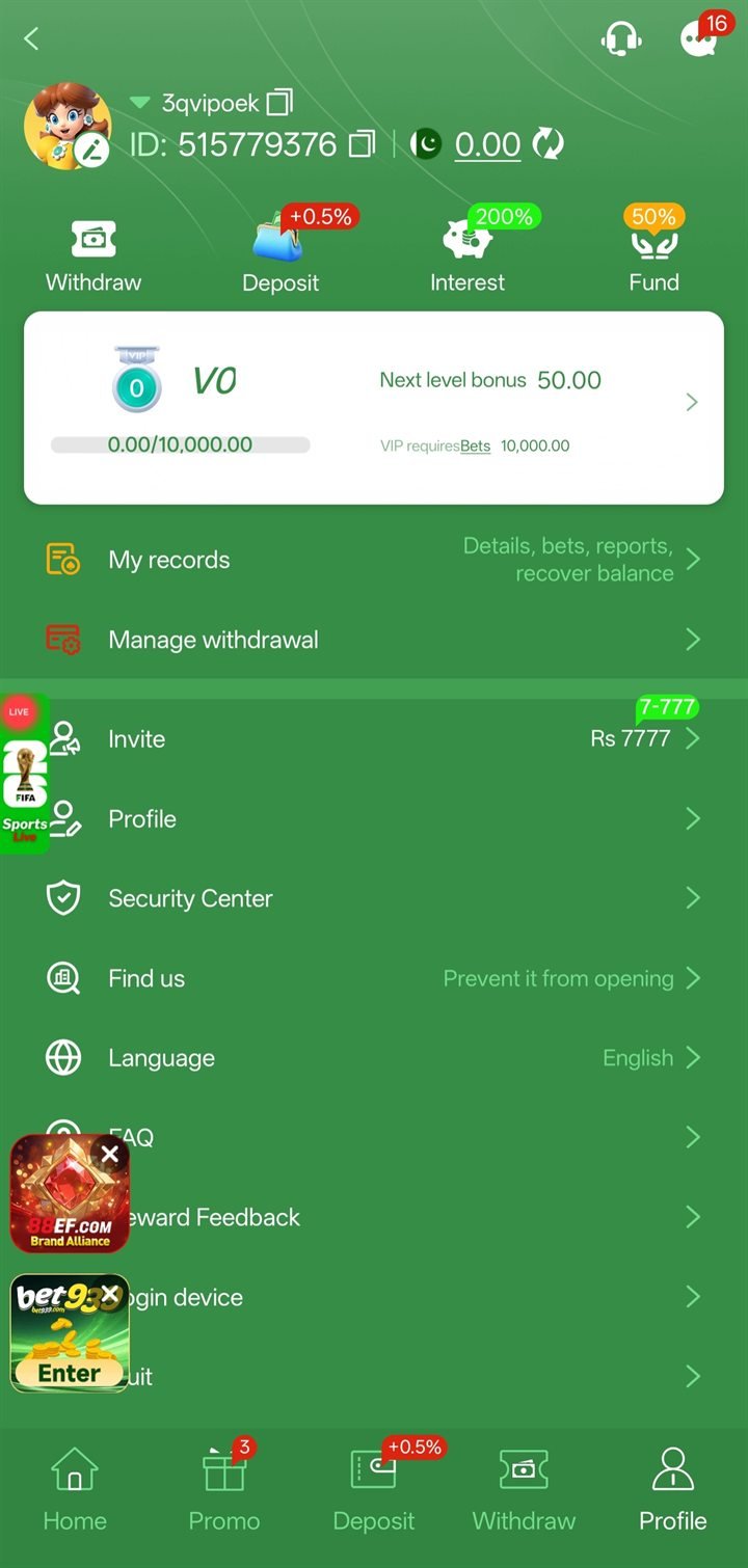 777cX app profile page with VIP level, records, security centre and limits